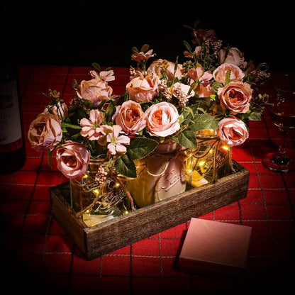 Mason Jar Centerpiece Table Decorations with Wood Tray & LED Lights, 3-Piece Farmhouse Decor Set for Dining Room