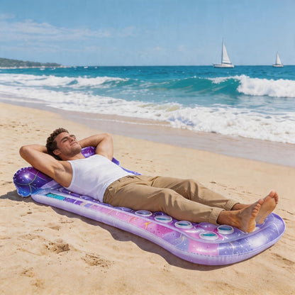 Rectangular Inflatable Pool Bed with Raised Pillow, Round Vent Holes and Rainbow or Mermaid Designs