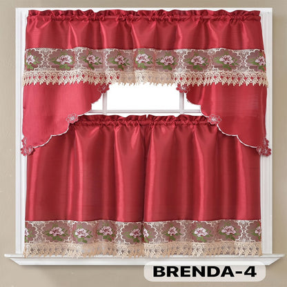 Kitchen Curtains 3 Piece Set Embroidered Satin Valance and Tiers – Rod Pocket Light Filtering Machine Washable 46 Colors