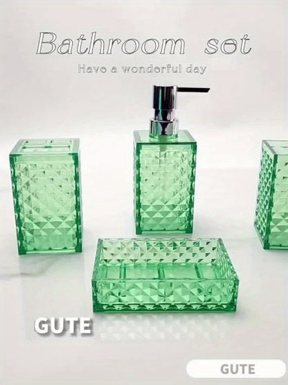 Bathroom Accessories Set 4-Piece Diamond Grid Plastic Organizer Soap Dispenser Toothbrush Holder Grey Blue Green
