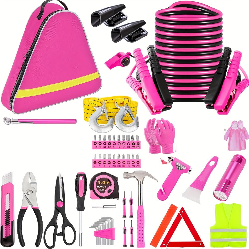 Car Roadside Emergency Kit Pink – Jumper Cables, Deer Whistles & Auto Safety Tool Set for Women, Winter Car Safety Roadside Assistance Kit