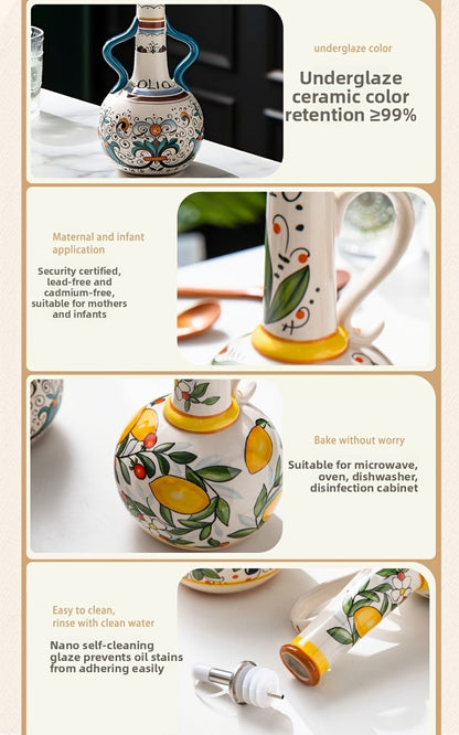 Ceramic Oil and Vinegar Dispenser Set Hand-Painted Underglaze Anti-Drip Leak-Proof Kitchen for Home Cooking, Dining and Outdoor Meals