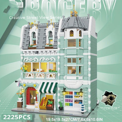 Modular City Building Blocks Set – European Architecture Grocery Store & Market Street, 3-Level Mini Brick Model Kit for Adults & Teens