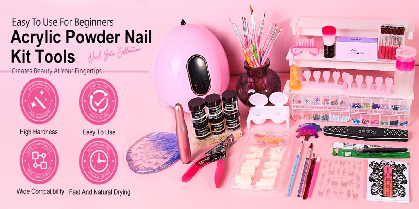 Complete Acrylic Nail Kit with Drill & UV LED Light, Colored Acrylic Powders & All Tools Included