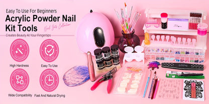Complete Acrylic Nail Kit with Drill & UV LED Light, Colored Acrylic Powders & All Tools Included