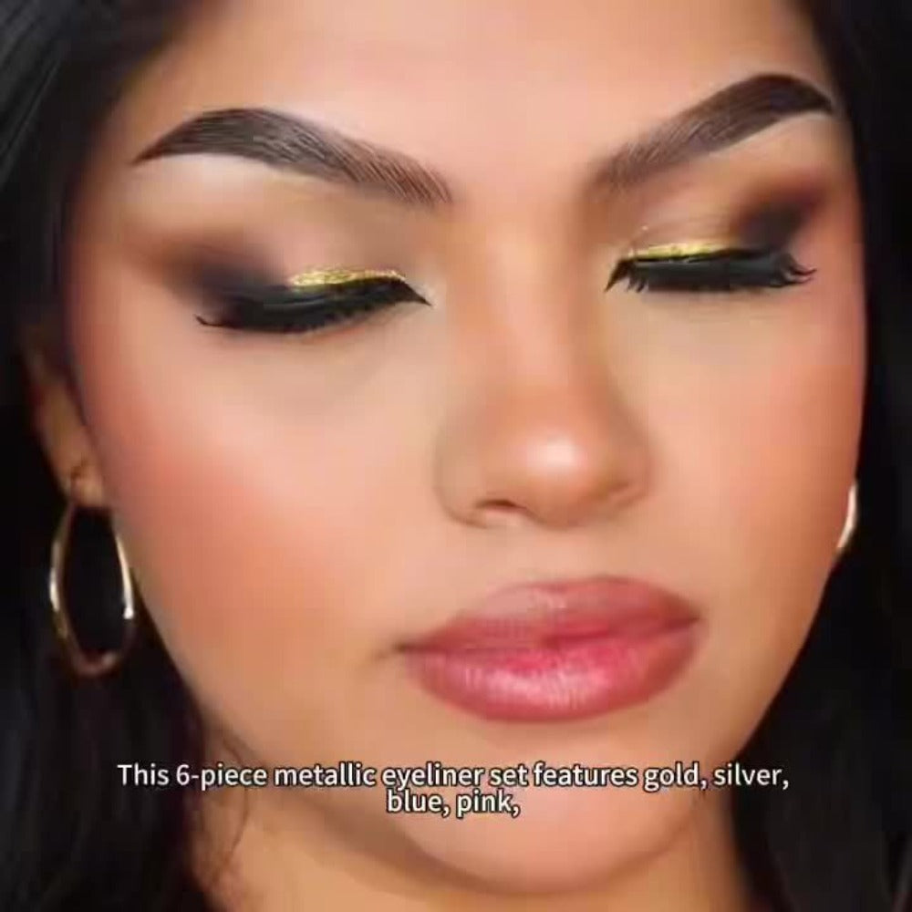 Colored Eyeliner Pencil Set with Six Shades in Blue, Purple, Green, Pink, Black and Gold-Tone Looks
