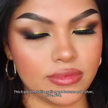 Colored Eyeliner Pencil Set with Six Shades in Blue, Purple, Green, Pink, Black and Gold-Tone Looks