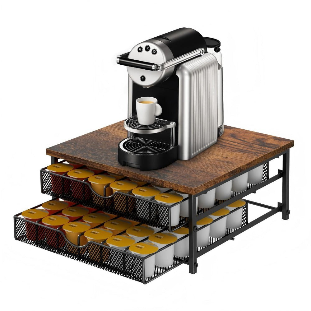 K-Cup Coffee Pod Holder 72 Capacity – 2-Tier Sliding Drawer Coffee Pod Organizer with Wood Top & Metal Frame, Non-Slip Base