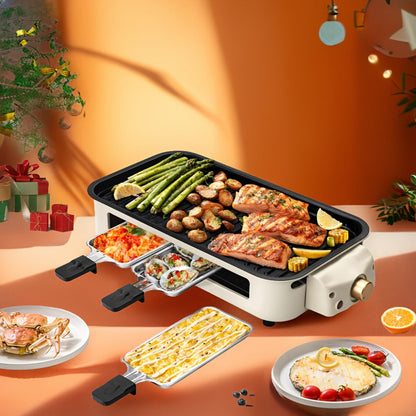 Indoor Electric Smokeless Grill 1500W, Raclette Table Grill with 3 Mini Pans, 16x9" Non-Stick Detachable Plate
