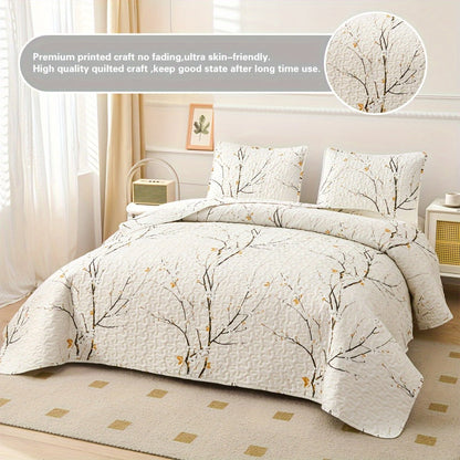 Reversible Botanical Microfiber Quilt Set with Pillow Shams, Five Patterns and Twin, Full/Queen or King Sizes