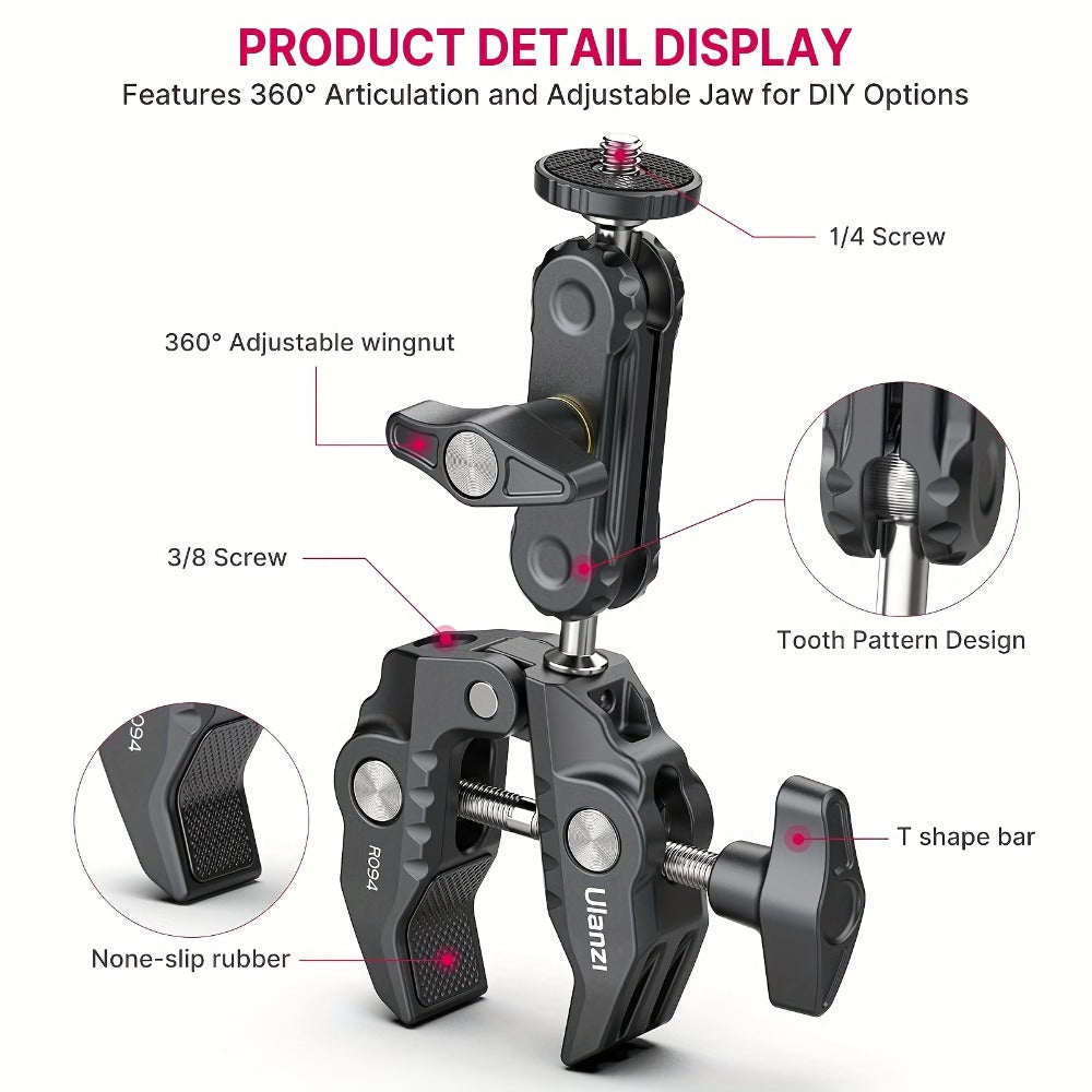 ULANZI Super Clamp 360° Ballhead Magic Arm Double Ball Head Camera Mount with 1/4"-20 & 3/8"-16 Thread for Canon Nikon DSLR