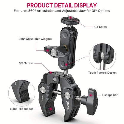 ULANZI Super Clamp 360° Ballhead Magic Arm Double Ball Head Camera Mount with 1/4"-20 & 3/8"-16 Thread for Canon Nikon DSLR
