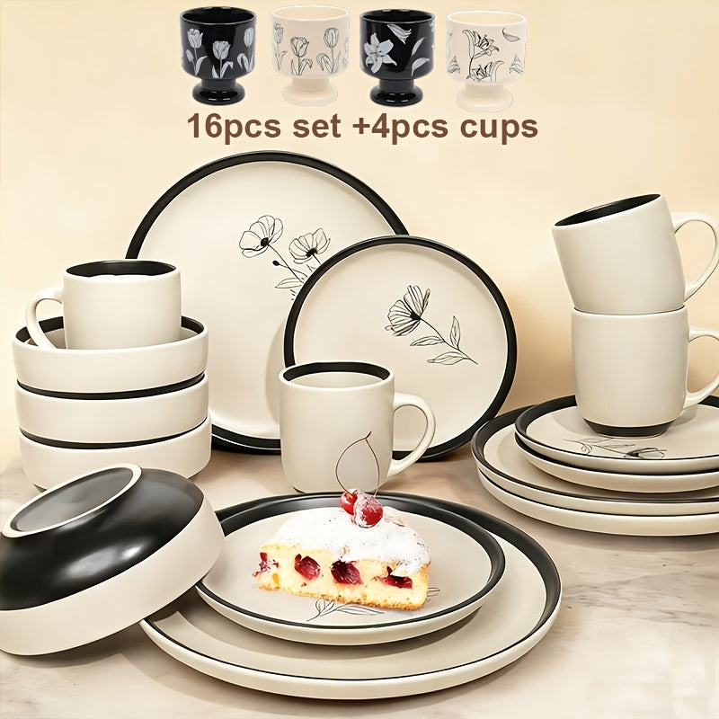 Dinnerware Set Options for Four with Round Plates, Bowls and Cups in Black, Red, Blue, Green or Floral Designs