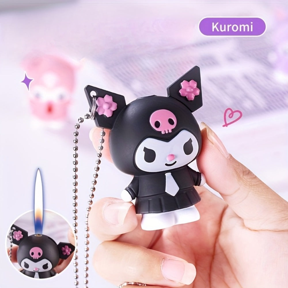 3D Kawaii Anime Figure Lighter with Chain, Cute Kuromi Sanrio Cartoon Open Flame Butane Lighter, Unique Kawaii Gift for Anime Fans