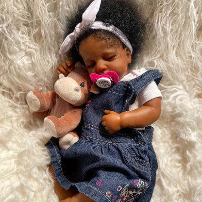 Reborn Baby Doll 19 Inch Curly Blue Hair with Sleeping Sounds Cloth Body & Lifelike Weight
