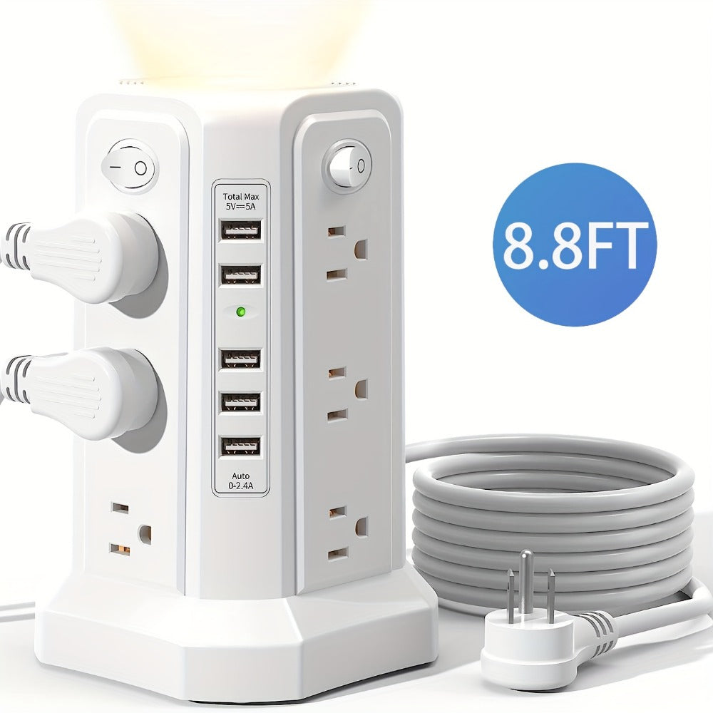Night Light Power Tower Surge Protector 17-in-1, 12 AC Outlets & 5 USB Ports, 10.2ft Extension Cord