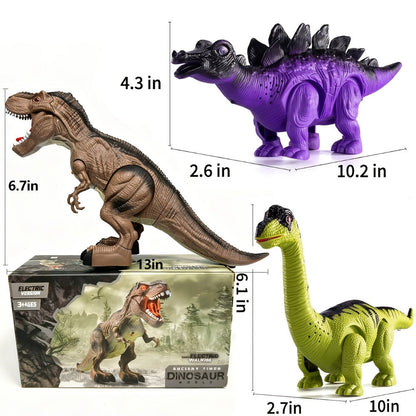 Interactive Dinosaur Toy Set 3 Pack with Walking, Roaring Sound & Lights, Electric T-Rex, Stegosaurus & Brachiosaurus