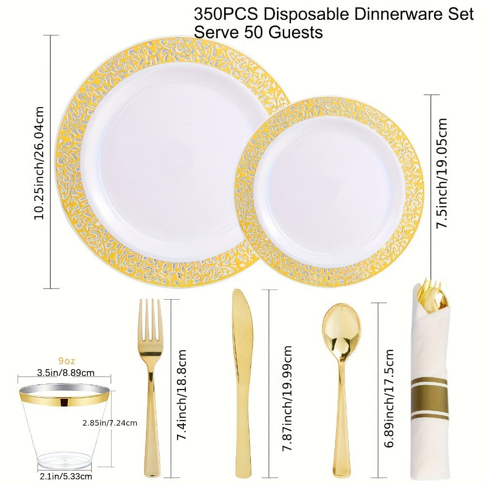 Gold Disposable Dinnerware Set for 50 Guests 350pcs, Includes Dinner Plates, Dessert Plates, 9oz Cups with Gold Rim