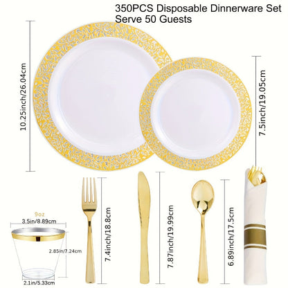Gold Disposable Dinnerware Set for 50 Guests 350pcs, Includes Dinner Plates, Dessert Plates, 9oz Cups with Gold Rim