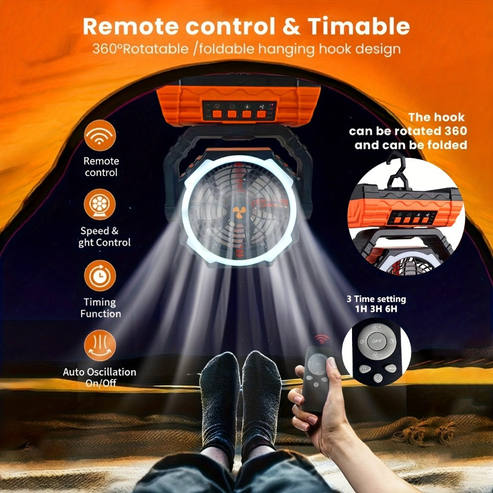Portable Camping Fan with Dual Motors LED Light & Remote Control, Solar Powered Outdoor Fan with Hook for Tent Work Site Power Outage