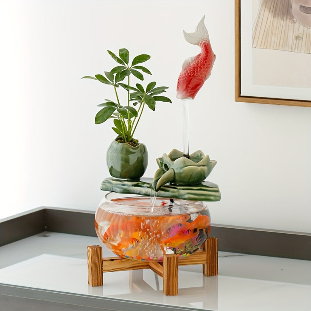 USB Desktop Fish Waterfall Fountain with Glass Bowl, Relaxing Indoor Water Feature Tabletop Decor Zen Fountain Gift