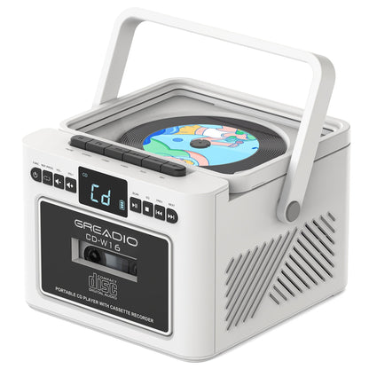 Boombox CD Cassette Player Rechargeable 5000mAh Battery 5W Dual Stereo Speakers FM Radio Tape Recording AUX SD USB 3.5mm Jack Portable Home