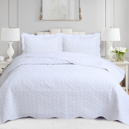 Quilt Set 3 Piece Floral Embroidery Bedspread – 100% Polyester Wrinkle Resistant Lightweight Quilted Coverlet with 2 Pillow Shams for Full