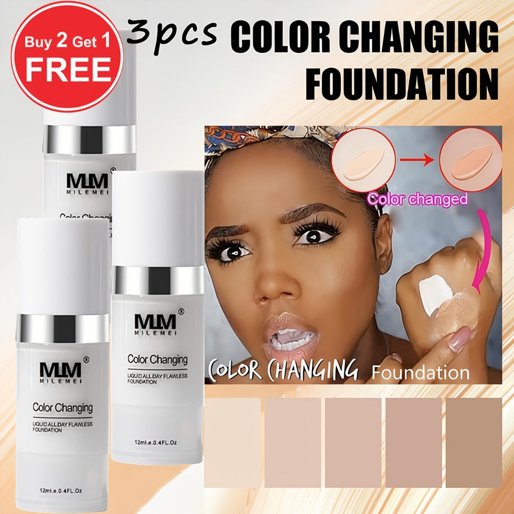 Color Changing BB Cream Foundation 3PCS Glycerin Lightweight Non-Cakey Natural Flawless, for Makeup, Travel and Everyday Vanity Use