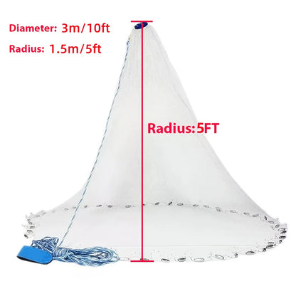 Throw Cast Net 8FT 10FT Transparent Thread Nylon Mesh 3/8in, Galvanized Zinc Sinkers 26ft PE Braid Hand Line No-Ring Design for Shrimp Bait