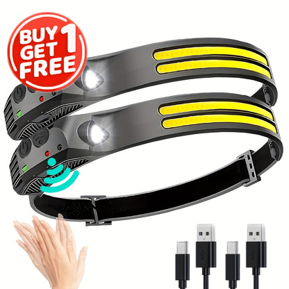 Two-Pack Rechargeable COB Headlamps with 230° Beam, Motion Sensor and Three Light Configurations