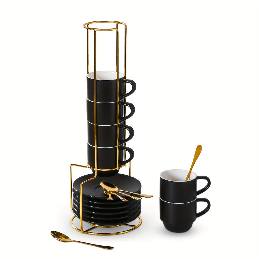 Espresso Cups Set of 6 with Saucers, Spoons & Metal Stand, 4oz Stackable Ceramic Cappuccino Mugs for Double Espresso