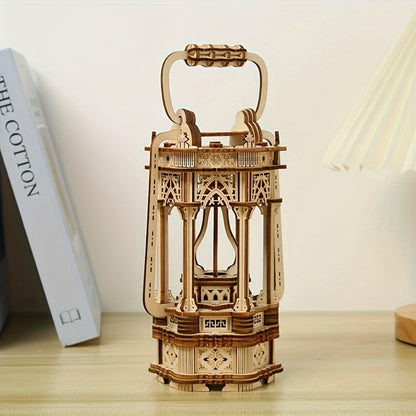 LED Wooden Lantern Model Kit, Rotating Mechanical 3D Wooden Puzzle for Adults & Teens, Glowing Vintage Desk Decor Display