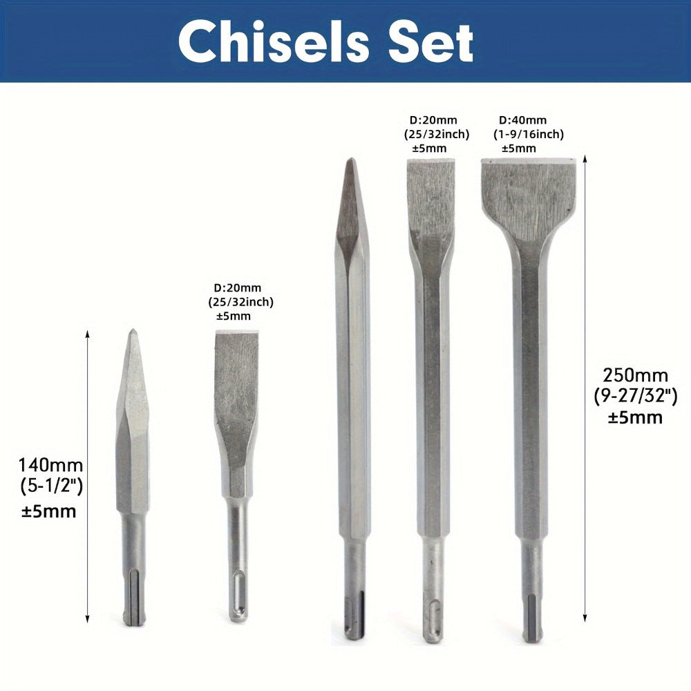 17-Piece SDS Plus Drill Bit Set with 40CR-Labeled Masonry Bits, Four Chisels and Fitted Carry Case