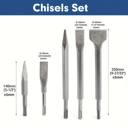17-Piece SDS Plus Drill Bit Set with 40CR-Labeled Masonry Bits, Four Chisels and Fitted Carry Case