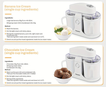 Ice Cream Maker Machine Dual Cup Self-Freezing, Make 2 Flavors Homemade Ice Cream Sorbet Frozen Yogurt at Once