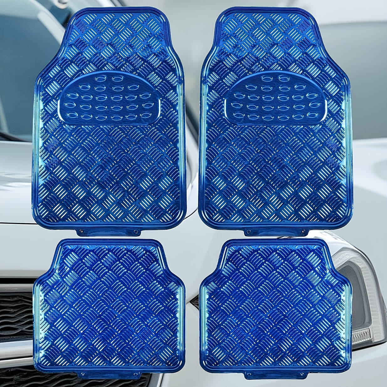 Molded Car Floor Mats, Four-Piece Front and Rear Set in Seven Solid and Carbon-Look Color Options