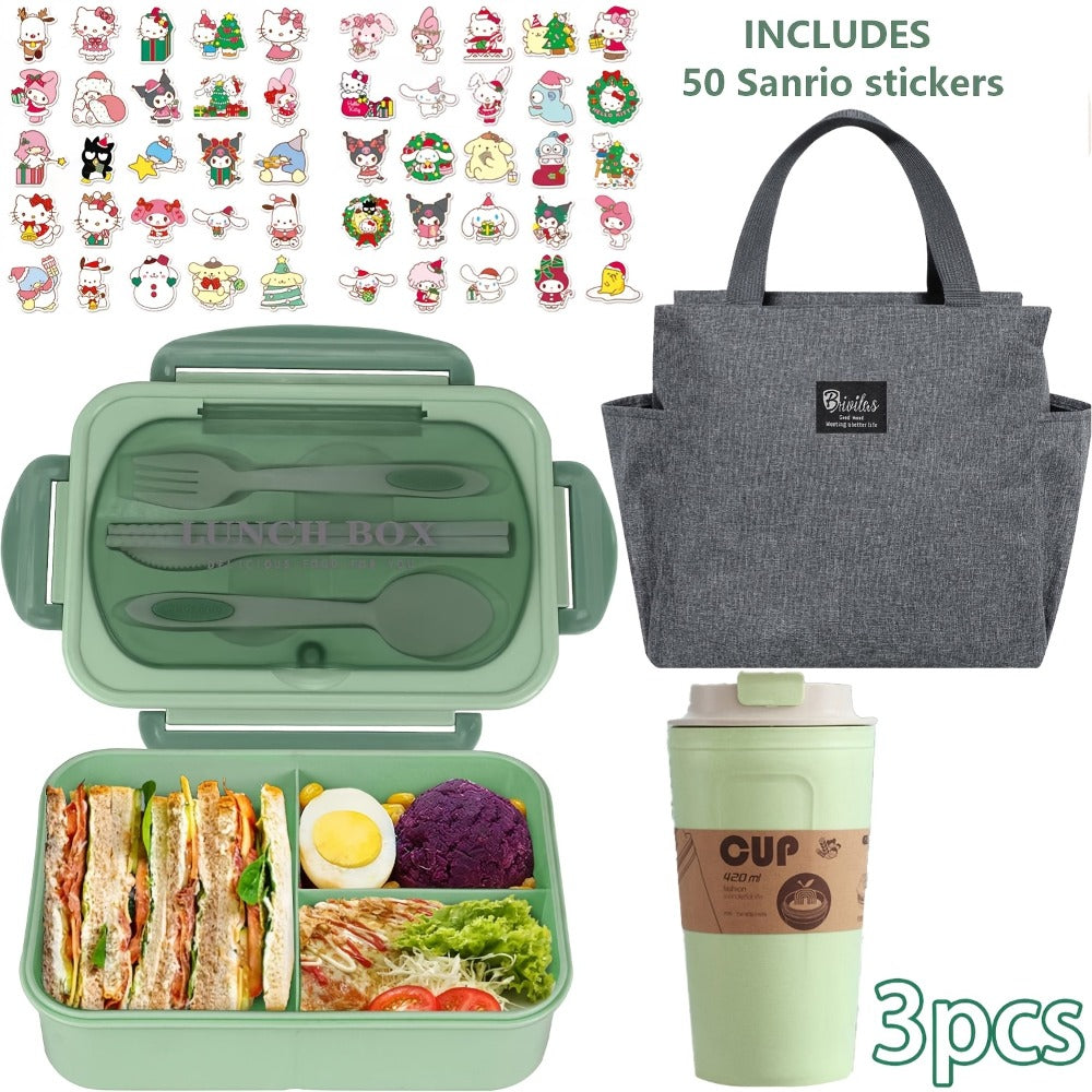 Sanrio Lunch Box Set 53pcs Bento Box with Thermal Bag Breakfast Cup Portable Sealed Compartment Microwave for Work Picnic School
