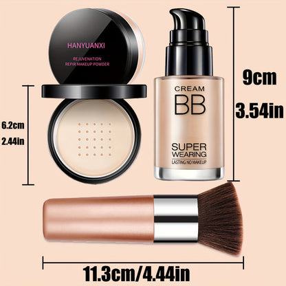 BB Cream Makeup Kit with Loose Setting Powder Brush & Sponge – Full Coverage Waterproof Long-Lasting Hydrating Foundation Set for All Skin