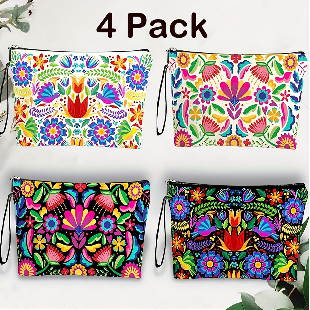 Makeup Bag Four-Piece Zipper Pouch Set in Floral or Animal Prints for Travel, Vanity and Everyday Beauty Storage