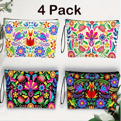 Makeup Bag Four-Piece Zipper Pouch Set in Floral or Animal Prints for Travel, Vanity and Everyday Beauty Storage