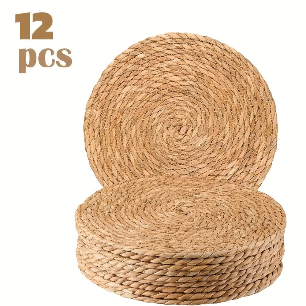 12pcs Rattan Placemats Natural Wicker Round Table Mats Heat-Resistant 11.8" Kitchen Dining Decor Bohemian