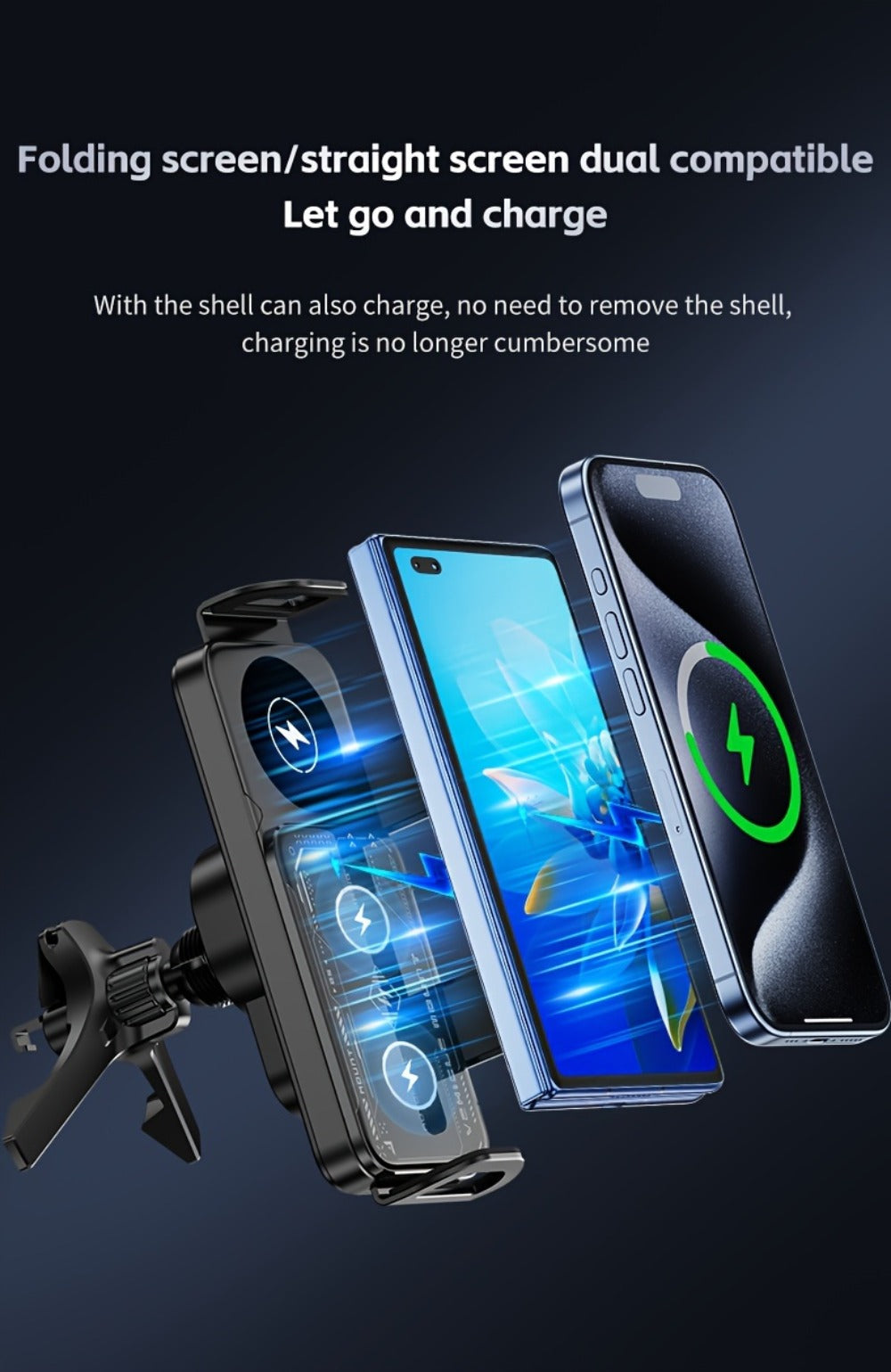 Dual-Coil Wireless Charging Car Mount with 15W Label, Fold-Screen Support and Three Configurations