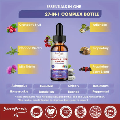 Milk Thistle Liver & Kidney Support Liquid Supplement 27-in-1 Vegan Herbal Formula, Alcohol-Free Fast-Absorbing Detox