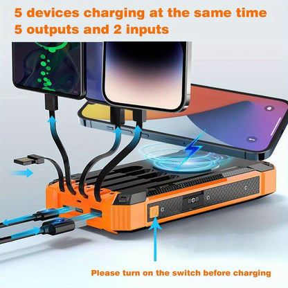Solar Power Bank 40000mAh with Built-in 4 Cables & 15W Wireless Charging – 6 Outputs 3 Inputs Dual LED Flashlight Portable Charger