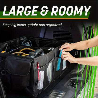 Car Trunk Organizer, Foldable Nylon Cargo Box with Adjustable Securing Straps, Side Pockets and Carry Handles