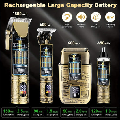 Cordless Hair Clipper & Trimmer Kit for Men – Professional Rechargeable Grooming Set, Golden Edition, Wireless Fade Clipper with USB Charge