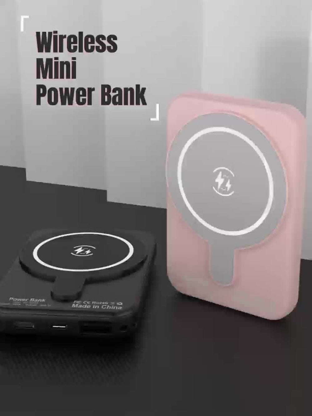Black 10000mAh-Labeled Magnetic Wireless Power Bank with Dual USB-A Ports and Indicator Lights