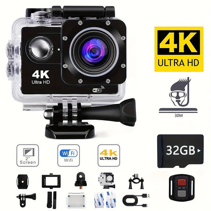 4K Sports Action Camera with WiFi, 170° Wide Angle, 32GB Card & Helmet Mount Kit – Pre-Recording, Remote Control, 900mAh Battery, 2" LCD