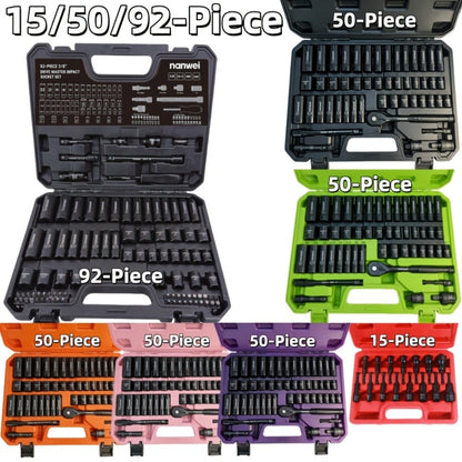Impact Socket Set 3/8" Drive CR-V – 15/92 Piece Metric & SAE 6-Point with Ratchet Handle Adapter Storage Box for Auto Repair Mechanic DIY