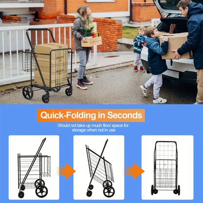 Folding Grocery Cart on Wheels, Double Basket Shopping Cart for Groceries Laundry Foldable Utility Cart